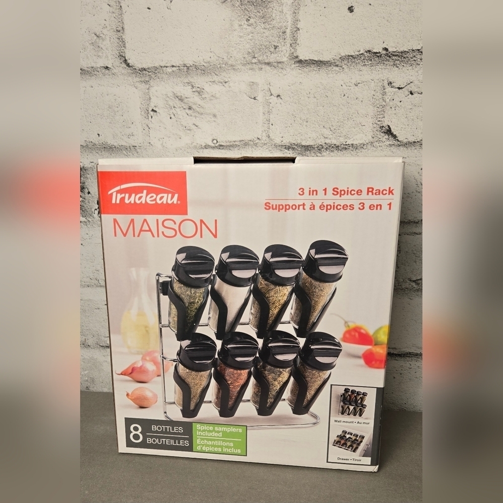 Trudeau Maison 3 in 1 Spice Rack 8 Glass Jars Counter Wall Drawer Organizer